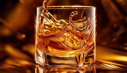 Macro shot of whiskey swirling in a glass, highlighting the smooth flow and golden reflections, perfect for beverage photography, elegant drinking scenes, and showcasing texture and movement.
