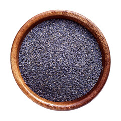 Blue poppy seeds filling a small wooden bowl on transparent background