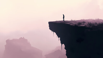 Silhouette of a solitary figure standing on the edge of a cliff shrouded in fog, representing despair and uncertainty. Emptiness - Ruins. Illustration