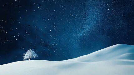 Naklejka premium A serene winter scene featuring a single tree in the foreground and a star-studded night sky in the background