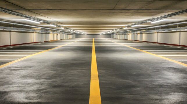 Empty parking garage aisle, perspective view with concrete ceiling and fluorescent lighting background