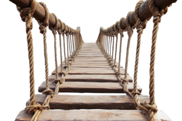 A rustic rope bridge invites adventurers to cross its swaying planks over a chasm isolated on transparent background