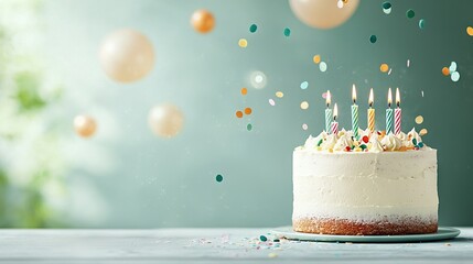   A birthday cake with white frosting and colorful sprinkles sits on a clear table, surrounded by vibrant balloons