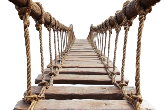A rustic rope bridge invites adventurers to cross its swaying planks over a chasm isolated on transparent background - Powered by Adobe