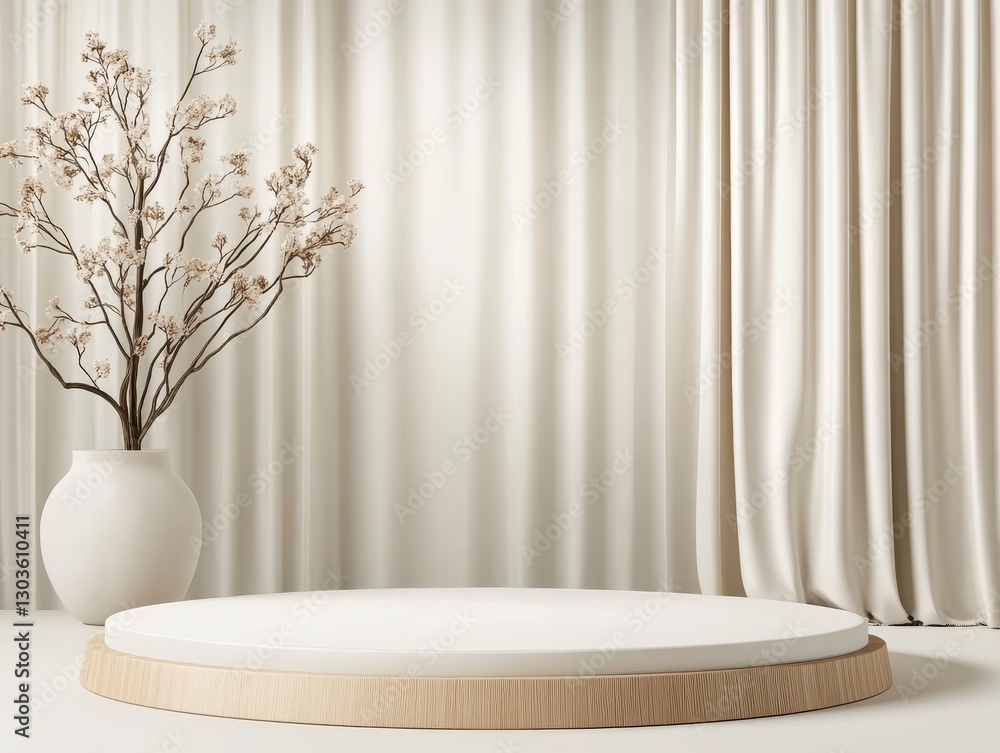 Poster minimalist display with a round platform, vase, and decorative branches in a serene setting