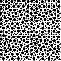 Seamless pattern of bright black polka dots on a bright white background. 