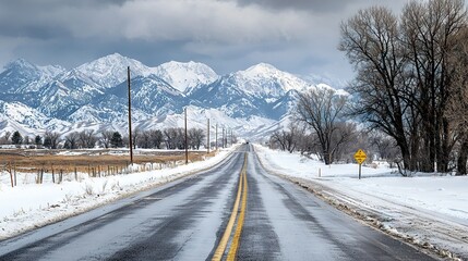   A road with snow on the ground, a distant mountain range, and a yellow sign in the foreground