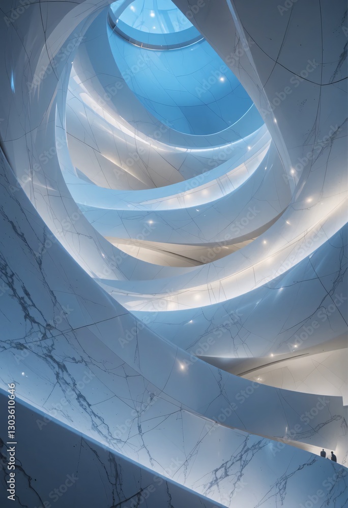 Poster Minimalist Architecture, Clean Interior. Modern Building Featuring A Sweeping Staircase, Polished Marble Walls Reflecting Ambient Light, And A Circular Skylight Creating A Serene, Futuristic Feel.