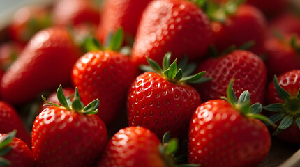 Heap of Ripe Red Strawberries with Green Stems - Fresh Summer Fruit Food Photography