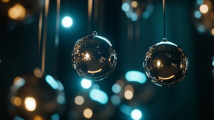 Hanging chrome spheres reflect bokeh lights against a dark teal background creating a festive look