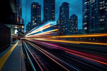 Obraz premium Streaks of Light from Fast Train on Tracks at Dusk Against City Skyline with Modern Towers