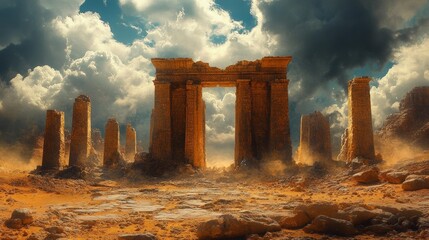 Ancient Temple Ruins in Desert with Dramatic Clouds. Generative AI