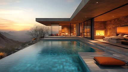 Fototapeta premium Desert Modern Home Infinity Pool Sunset Luxury