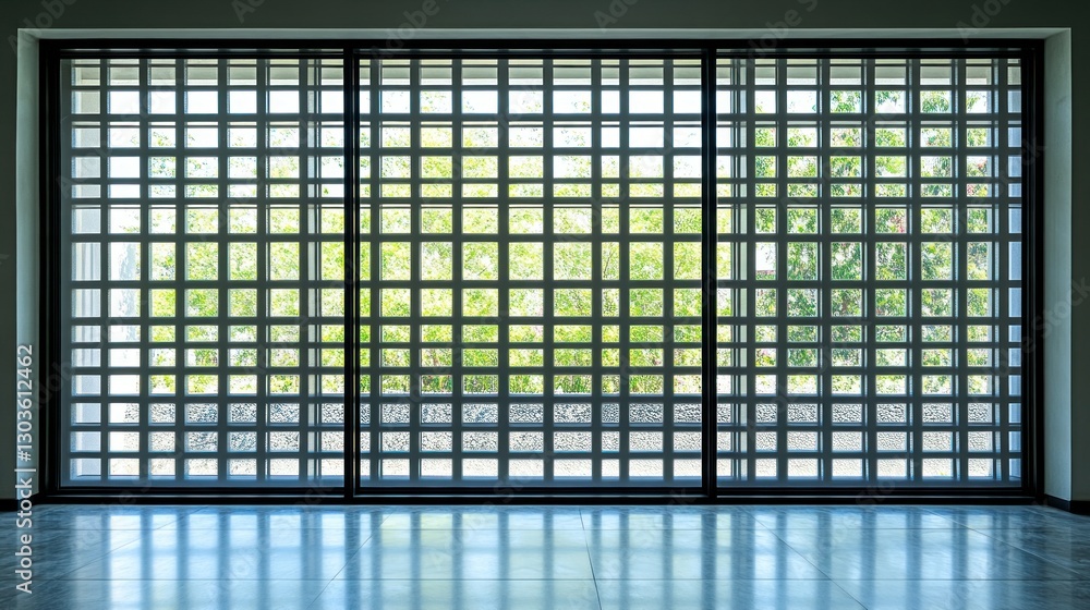 Poster interior window with grid bars overlooking garden. sunlight streams in. empty room