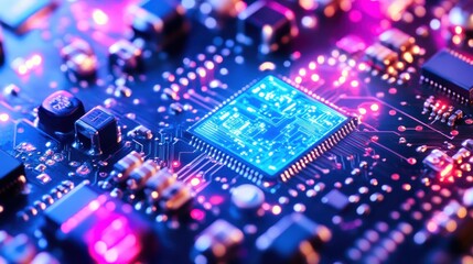 Fototapeta premium Close-up of a Microchip on a Circuit Board, Neon Lights, Technology