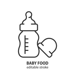 Baby feeding bottle with nipple line icon. Children food outline symbol. Vector illustration. Editable stroke.