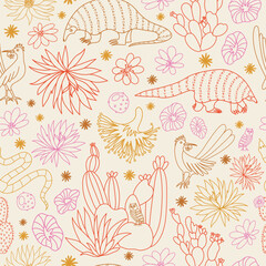 Vector seamless pattern with tropical animals, desert cacti, florals, pangolins, snakes and roadrunners. A very sweet illustrative wilderness environment full of wildlife. 