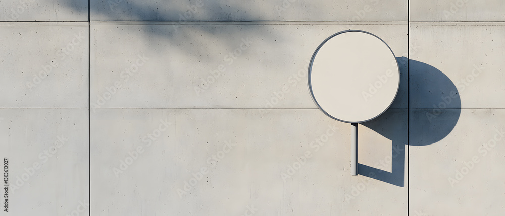 Poster minimalist architecture with a circular signboard on a concrete wall, creating geometric shadows in 