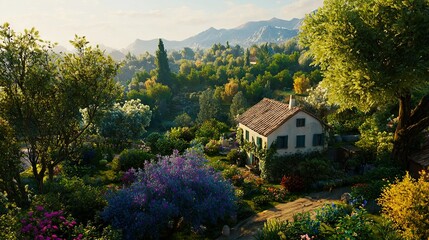 Obraz premium A house surrounded by a lush garden, replete with towering trees and blooming flowers, against a majestic mountain backdrop