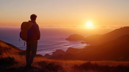 Fototapeta premium Sunset Hike: Contemplation on a Coastal Cliff