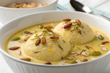 Traditional Indian Ras Malai Dessert Garnished with Pistachios and Saffron in a White Bowl