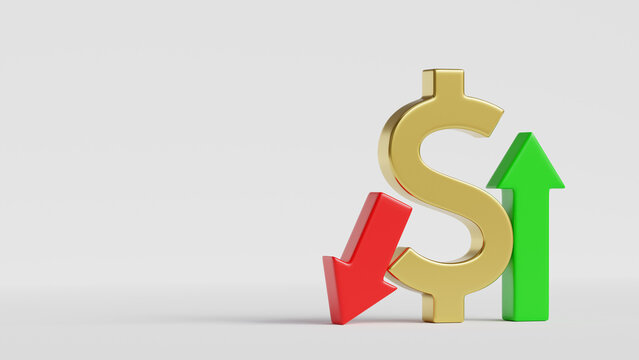 Golden 3d dollar sign and red and green arrows pointing up and down. 3d render illustration