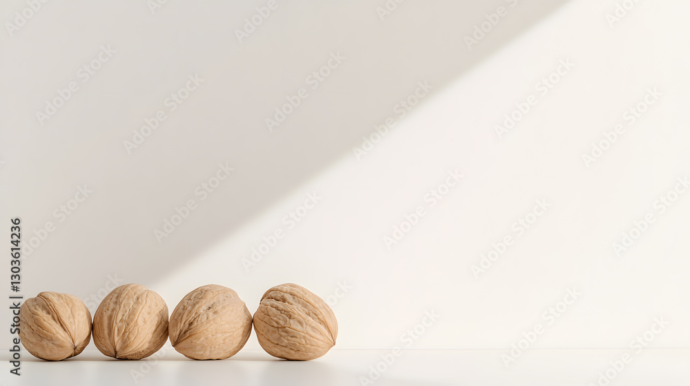 Poster four walnuts: natural simplicity showcased through these four walnuts lined up on a pristine surface