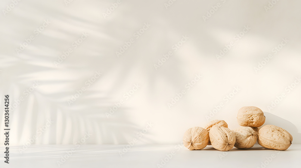Poster a cluster of walnuts resting on a neutral surface against a cream colored wall with soft shadows. na