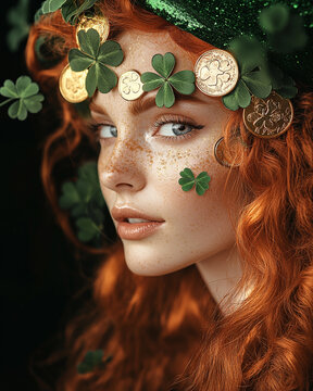 St. Patrick's Day celebration. Beautiful redhead woman, shamrock leaves, gold coind and green hat - Happy St Paddy's Day! Vertical banner.