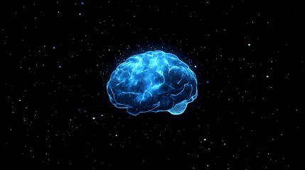 A glowing blue brain floating in a starry space background.