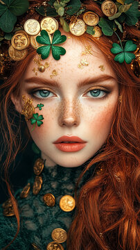 St. Patrick's Day celebration. Beautiful redhead woman, shamrock leaves, gold coind and green hat - Happy St Paddy's Day! Vertical banner.