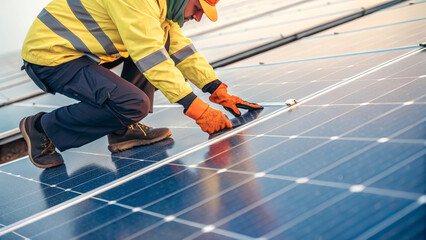 Worker Installing Solar Panels in High-Visibility Jacket