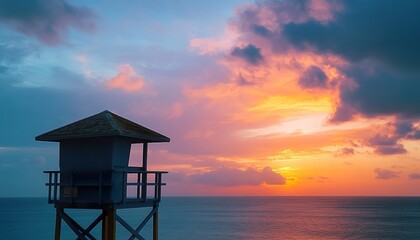 A long shot of a lifeguard tower against the backdrop of a vibrant sunset sky, with the ocean stretching out before it.