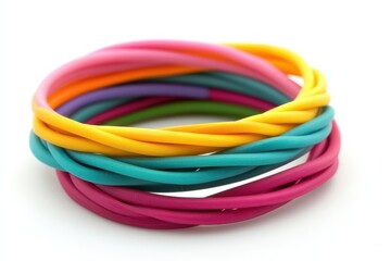 Colorful twisted rubber bands stacked playfully on a white background showcasing vibrant hues isolated on transparent background