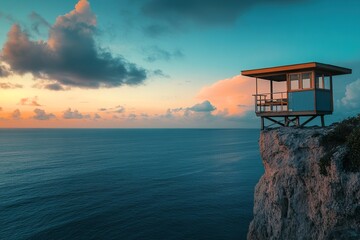 A lifeguard station perched on a cliff overlooking the sea at sunrise, with the vast ocean and sky in the background, creating a peaceful atmosphere.