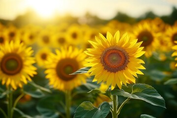 Fototapeta premium sunflower field, with vibrant yellow heads tracking the afternoon sun