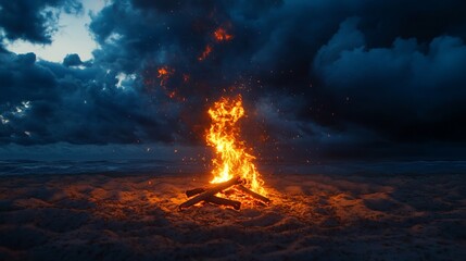 A glowing campfire on a beach under a dramatic sky.