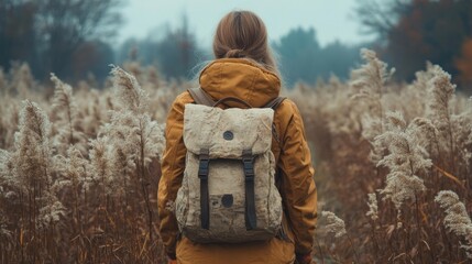 A person in a yellow jacket and backpack standing in a grassy field surrounded by tall plants. Generative AI