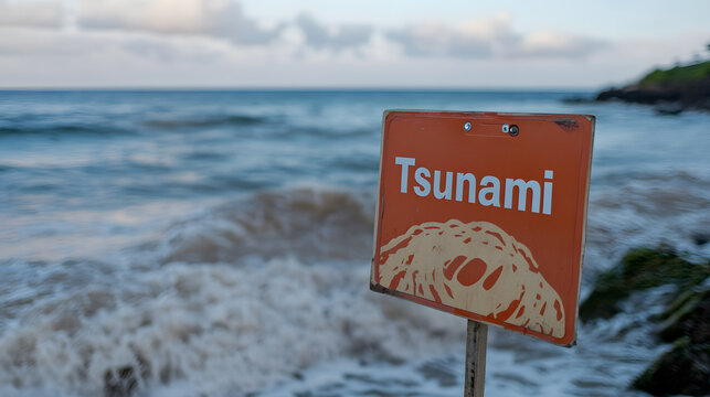 Tsunami Warning Sign: An orange sign with "Tsunami" faces the sea. Waves crash in the background, a stark reminder of nature's power and potential danger.