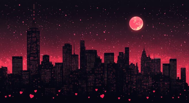 Pixelated NYC skyline at night with a pink moon. Romantic cityscape background