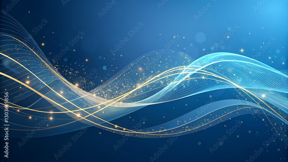 Poster digital abstract background with blue flowing lines and golden waves