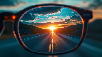 Glasses, the road is seen in sharp focus, leading towards a bright sunset in the distance clearly see the future. Reflection - Mirror. Illustration