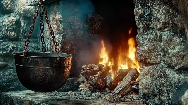 Old cooking pot suspended over flames in a rustic stone fireplace, Large old cooking pot hanging on a rusty chain over a roaring fire in a medieval fireplace