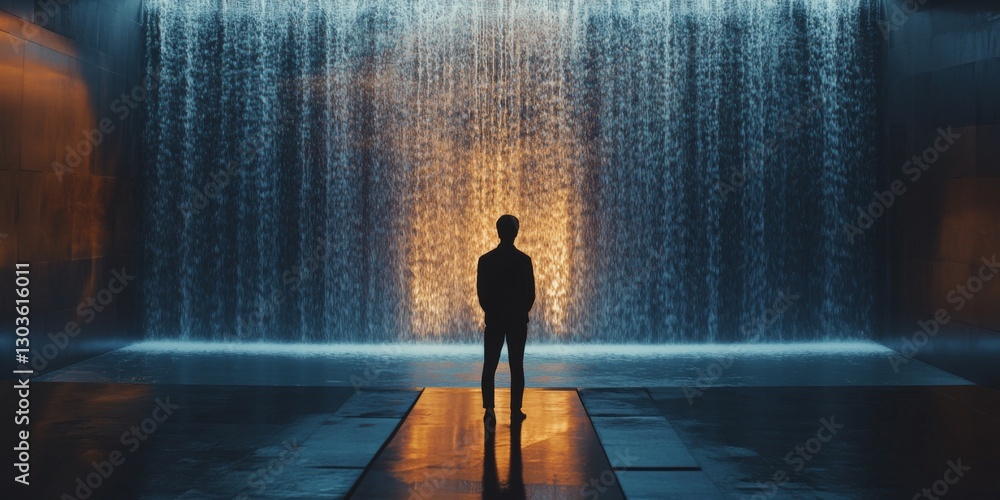Poster a figure stands in front of a stunning waterfall illuminated by soft lights. the scene captures tran