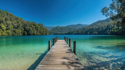 Fototapeta premium Tranquil Lake Serenity: Wooden Dock Extending to Crystal Clear Waters