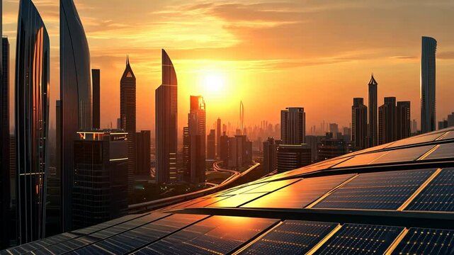 Futuristic cityscape powered by solar energy at sunset