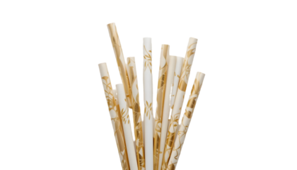A golden and white drinking paper straw, elegantly designed and eco-friendly, isolated on a clean background with a precise clipping path, perfect for sustainable product branding and modern lifestyle
