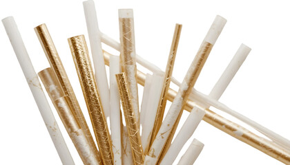 A golden and white drinking paper straw, elegantly designed and eco-friendly, isolated on a clean background with a precise clipping path, perfect for sustainable product branding and modern lifestyle