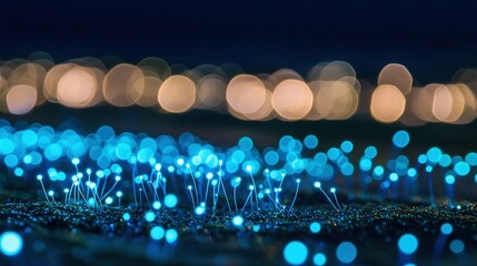   A sharp image of a grass field with hazy distant lights