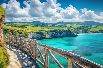Obraz premium A cliffside boardwalk overlooking a turquoise bay, with rolling green hills in the distance under a bright, cloud-dappled sky.